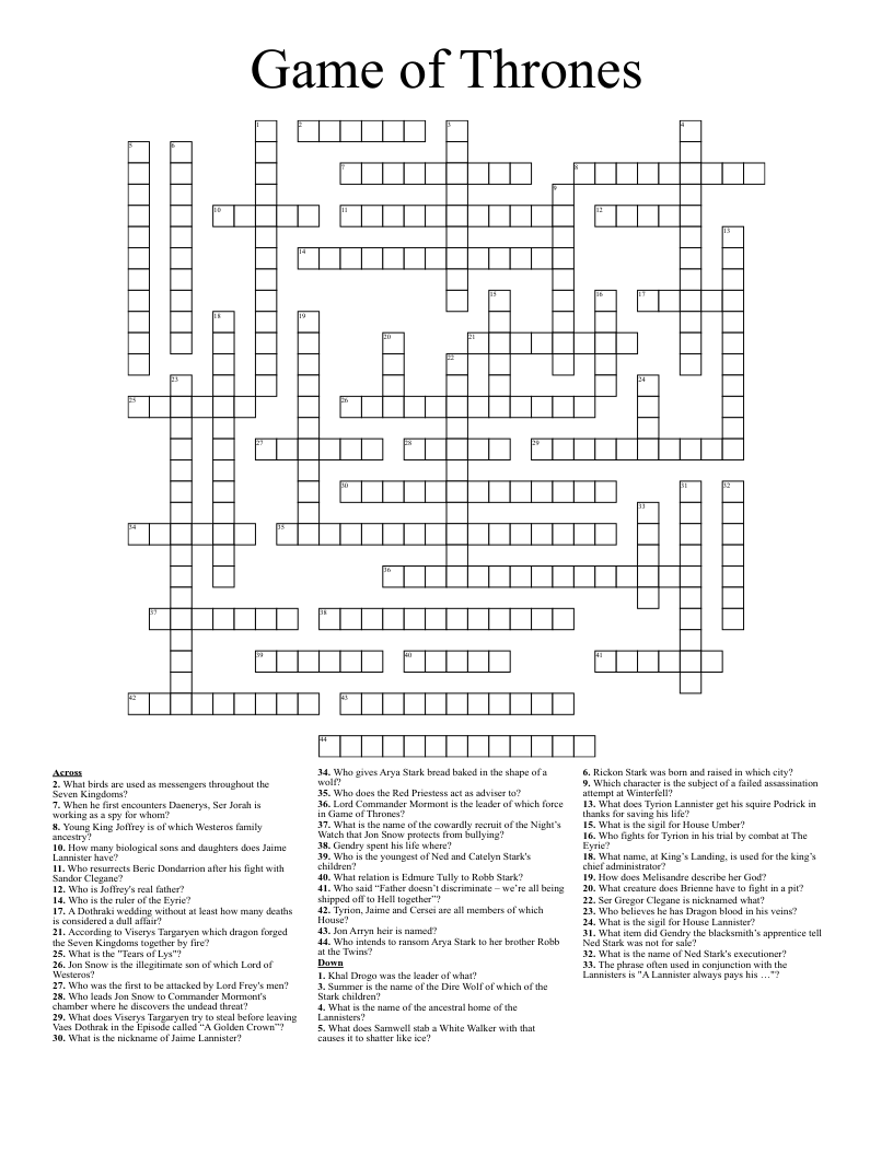 Quick help: game of thrones setting crossword puzzle answers